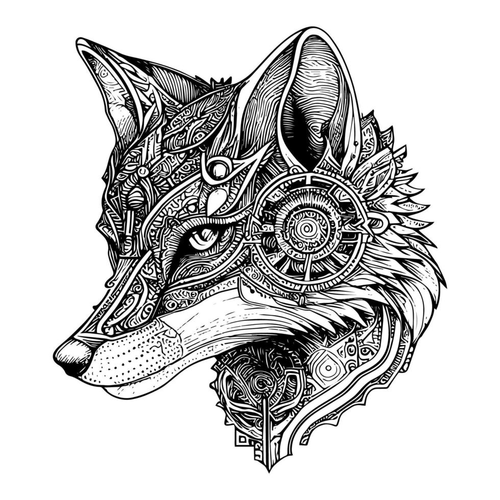 steampunk fox drawing showcases a sleek and cunning mechanical creature with brass fittings, clockwork components and a hint of mischief in its eyes vector