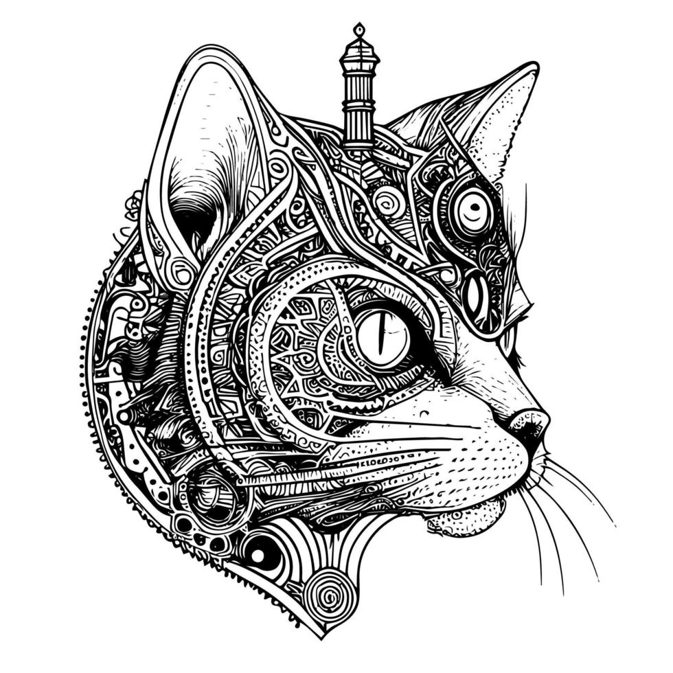 caprichoso y intrigante gato con mecánico mejoras, combinatorio felino gracia con industrial estilo en un inspirado en steampunk obra de arte vector