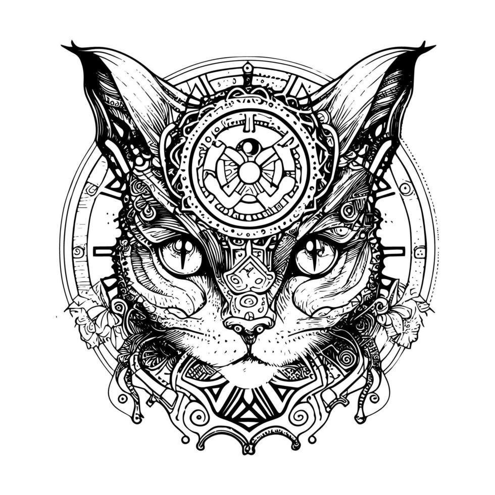 caprichoso y intrigante gato con mecánico mejoras, combinatorio felino gracia con industrial estilo en un inspirado en steampunk obra de arte vector