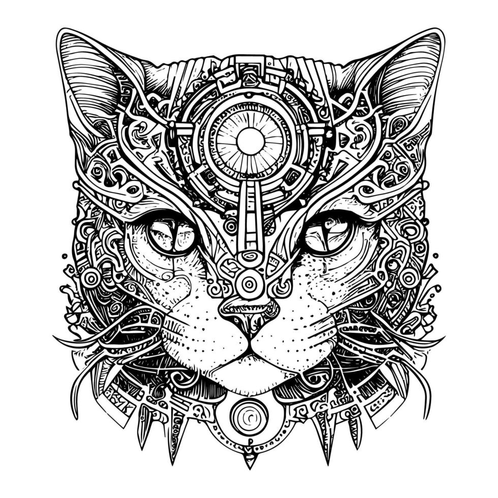 whimsical and intriguing cat with mechanical enhancements, combining feline grace with industrial style in a steampunk-inspired artwork vector