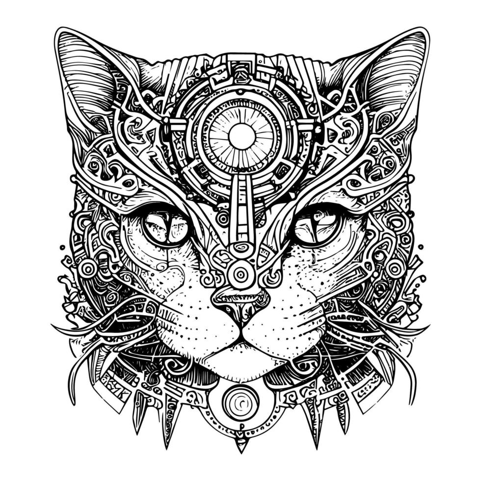 caprichoso y intrigante gato con mecánico mejoras, combinatorio felino gracia con industrial estilo en un inspirado en steampunk obra de arte vector