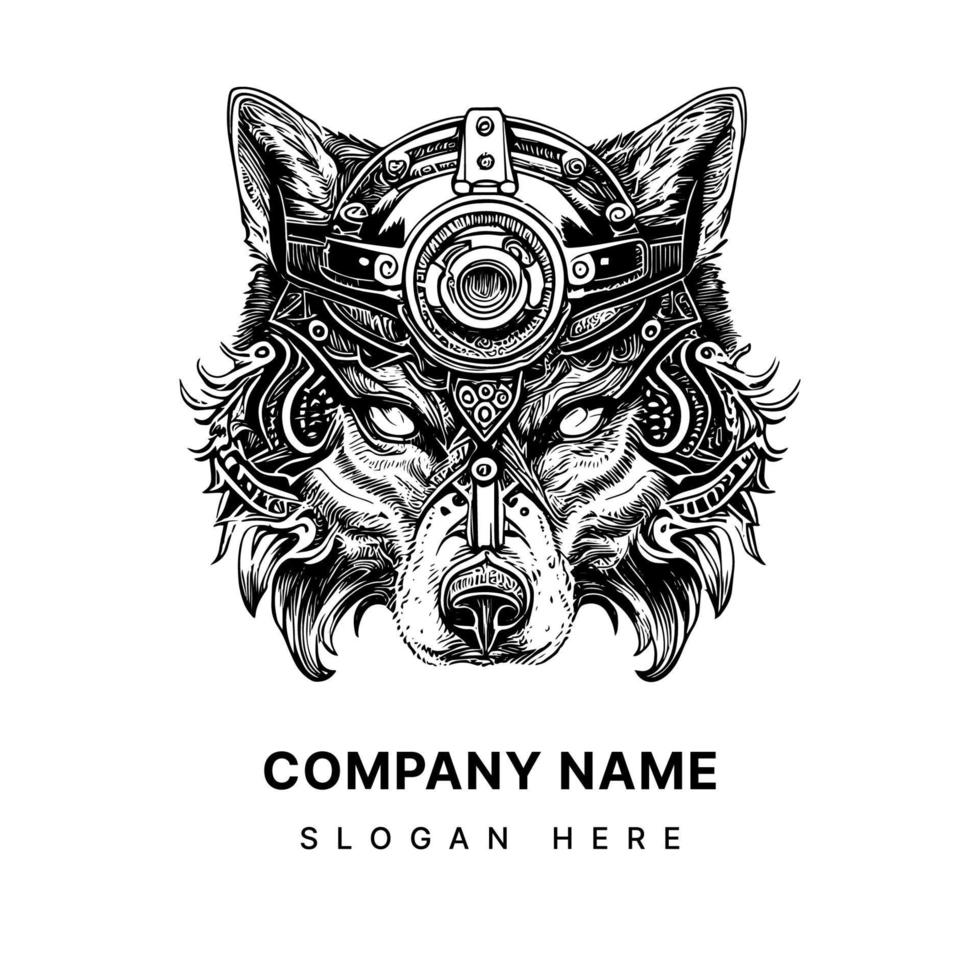 wolf with helmet logo often signifies strength, courage, and endurance. It may be associated with military, sports, or outdoor adventure branding vector