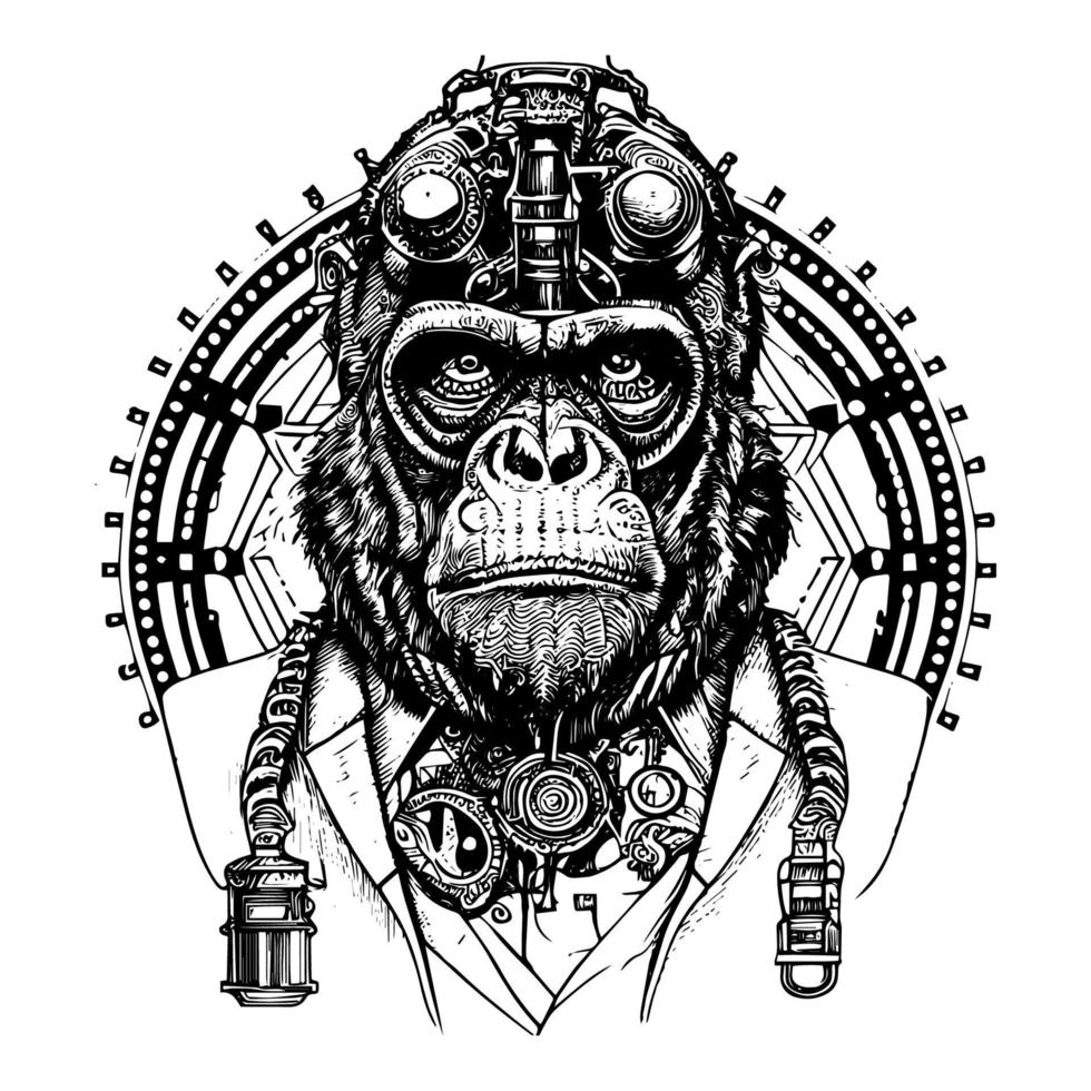 steampunk gorilla, fierce and strong, adorned with brass gears and pipes. A mechanical marvel in a world of invention vector