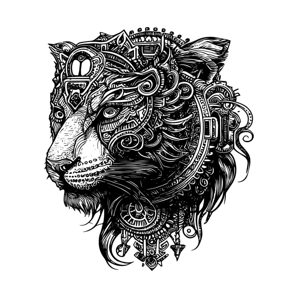 fierce and majestic tiger logo depicted in a Steampunk style, with intricate mechanical details and gears giving it a unique and captivating appearance vector