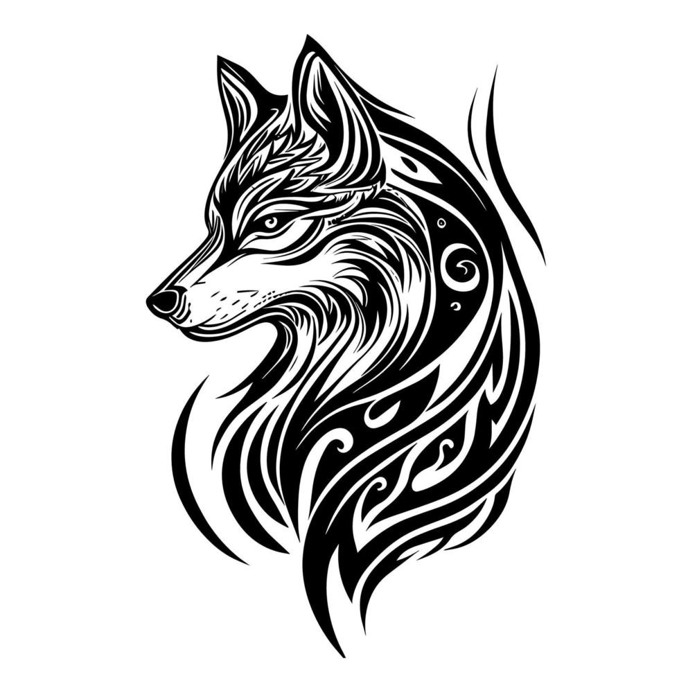 Capture the untamed spirit of the wolf with this striking tribal tattoo design, showcasing its fierce and powerful presence vector