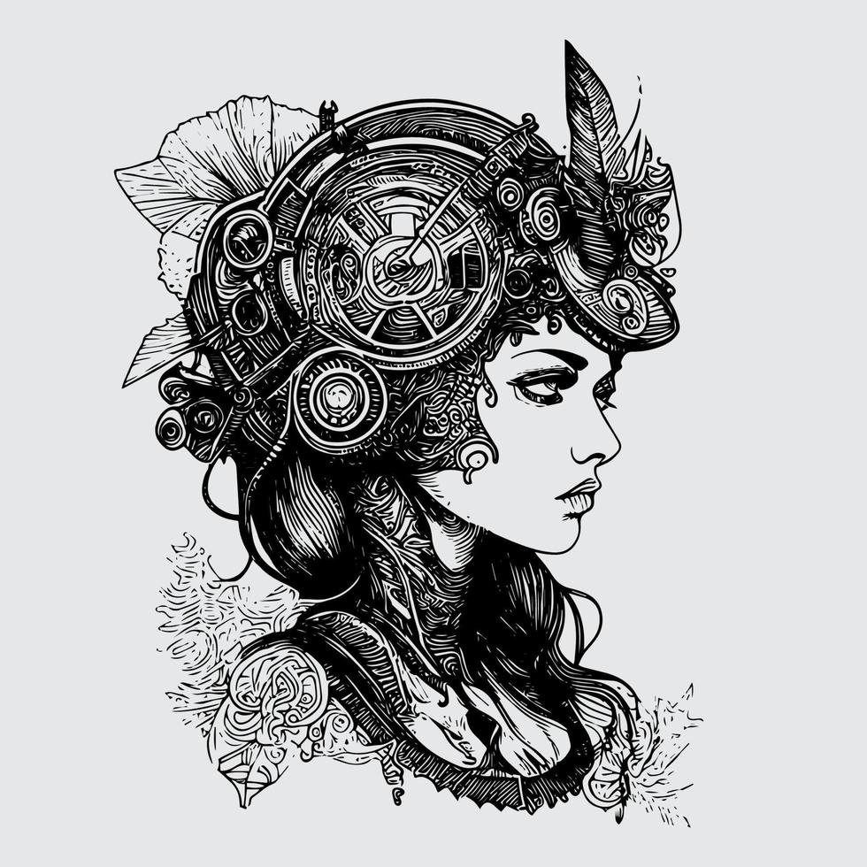 Steampunk sirena el intrincado y negrita estilo de Steampunk niña ilustraciones abrazando el retro-futurista estético de estos único caracteres vector