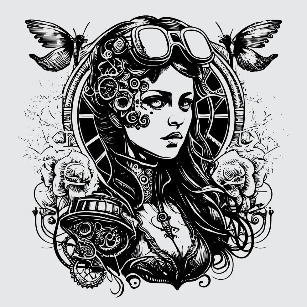 Steampunk sirena el intrincado y negrita estilo de Steampunk niña ilustraciones abrazando el retro-futurista estético de estos único caracteres vector