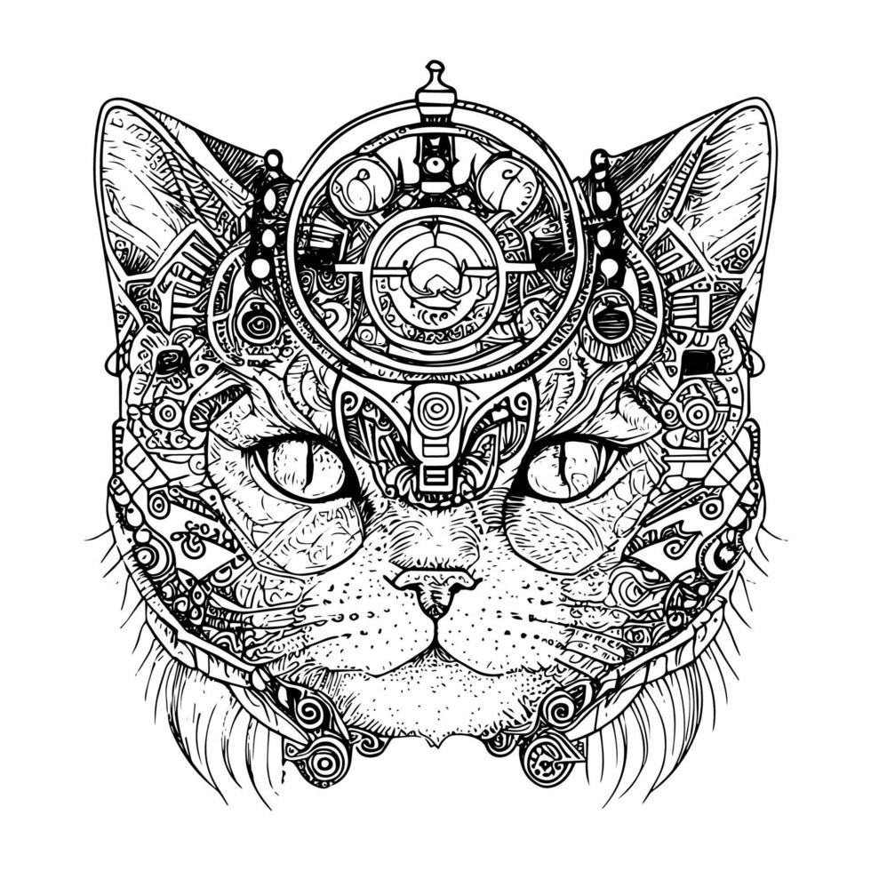 whimsical and intriguing cat with mechanical enhancements, combining feline grace with industrial style in a steampunk-inspired artwork vector
