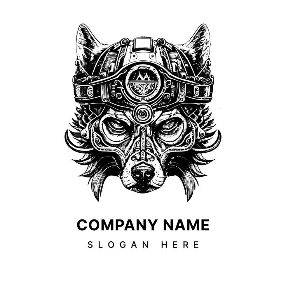 wolf with helmet logo often signifies strength, courage, and endurance. It may be associated with military, sports, or outdoor adventure branding vector