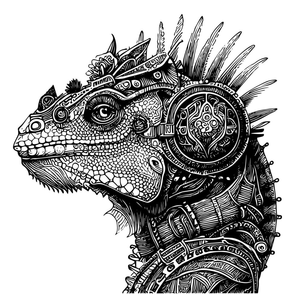 steampunk iguana logo features a stylized, mechanical iguana with steam-powered elements, conveying a blend of nature and technology vector