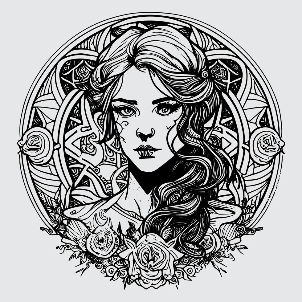 beautiful girl illustration stunning portrayal of feminine grace and elegance. Her delicate features and captivating gaze exude a timeless beauty vector