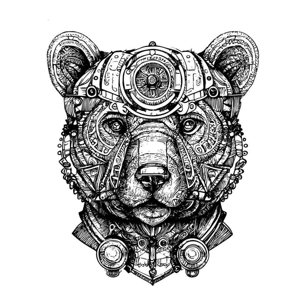 steampunk bear drawing depicts a mechanical bear with gears, pipes and rivets. Its intense gaze and imposing posture convey power and strength vector