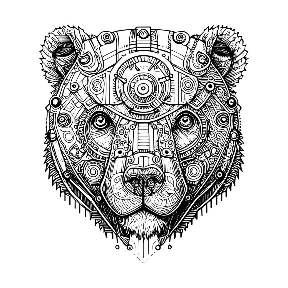 steampunk bear drawing depicts a mechanical bear with gears, pipes and rivets. Its intense gaze and imposing posture convey power and strength vector