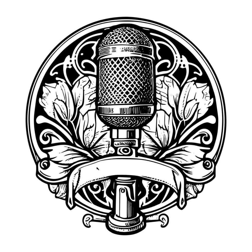 bold and professional microphone podcast logo design, capturing the essence of podcasting with clear sound quality and engaging content vector