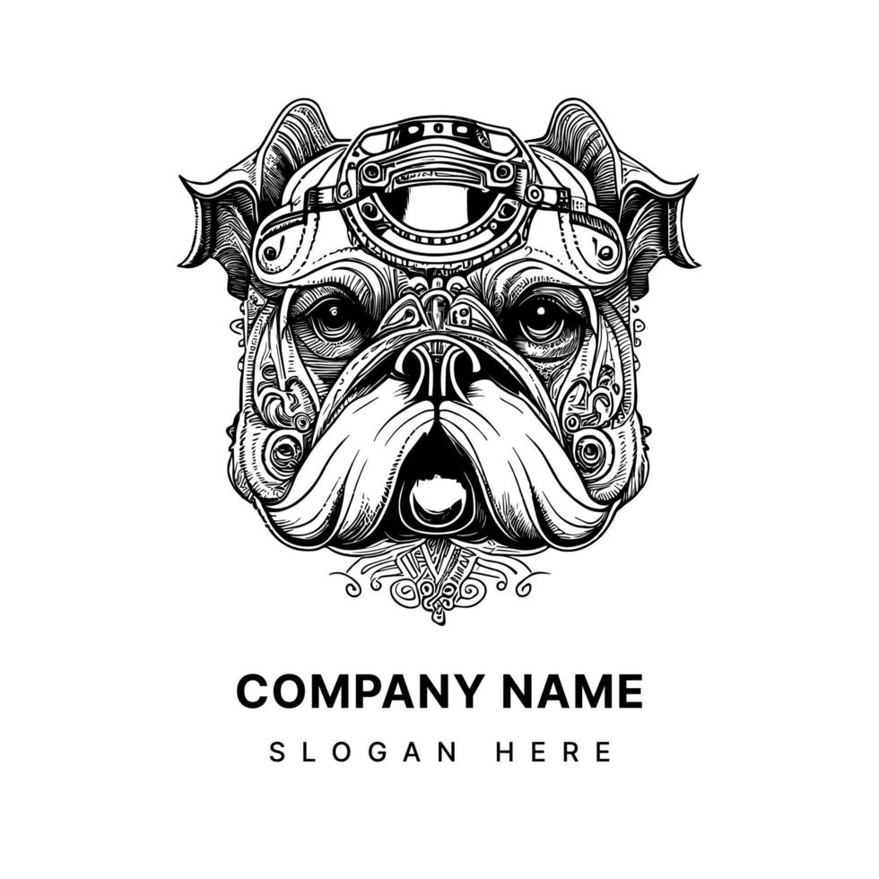 steampunk bulldog head is a unique blend of vintage and futuristic elements, featuring gears, pipes, and rivets that create a mechanical bulldog vector