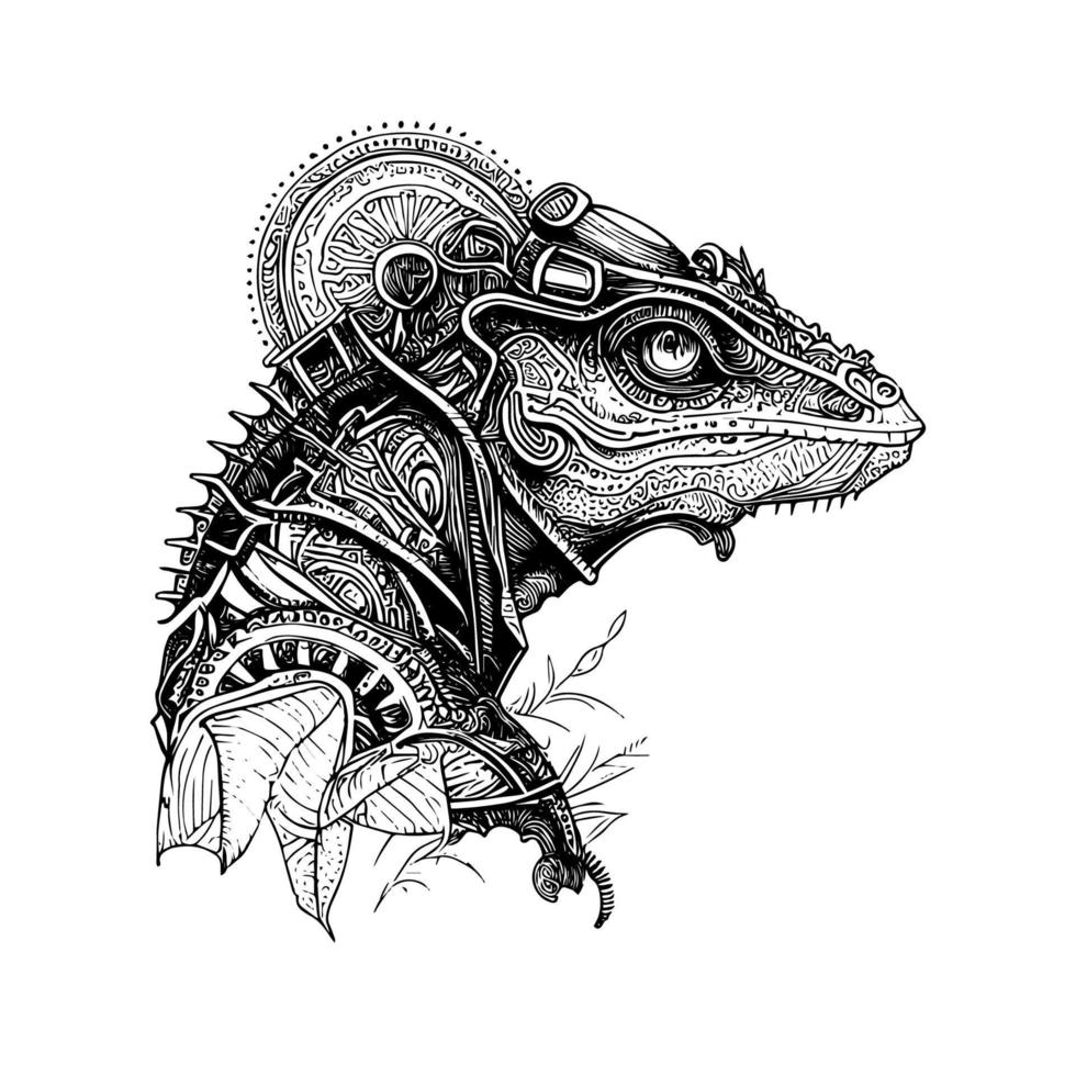 steampunk iguana logo features a stylized, mechanical iguana with steam-powered elements, conveying a blend of nature and technology vector