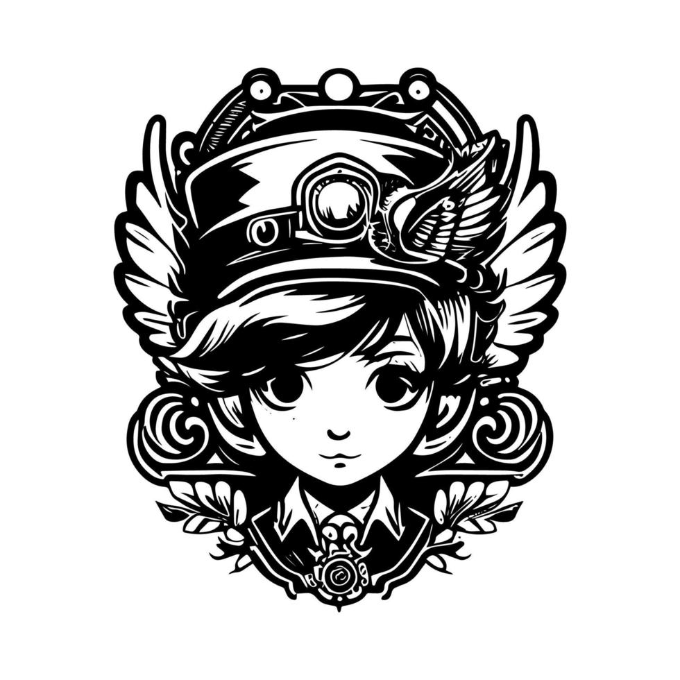 Steampunk Kid logo depicts a young adventurer decked out in goggles, gears, and other clockwork accoutrements, ready to explore a steam-powered world vector