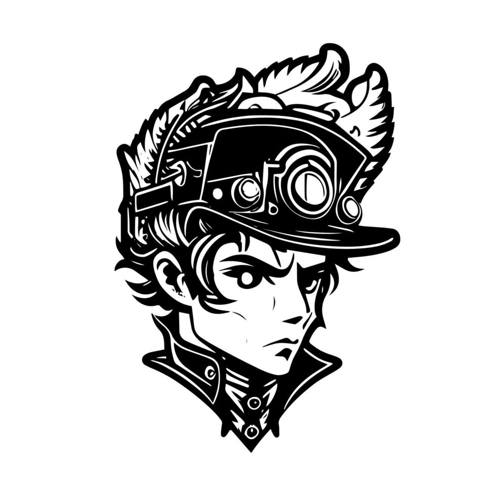 Steampunk Kid logo depicts a young adventurer decked out in goggles, gears, and other clockwork accoutrements, ready to explore a steam-powered world vector