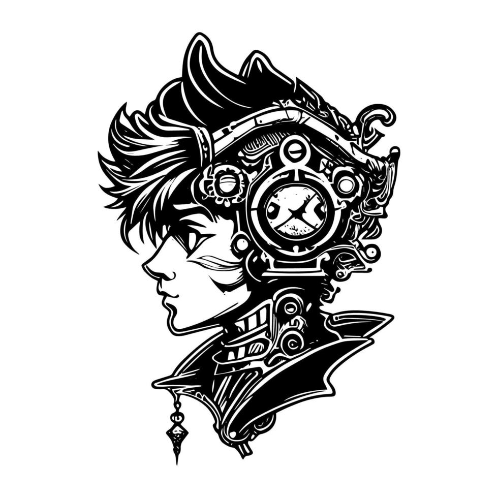 Steampunk niño logo representa un joven aventurero cubierta fuera en gafas de protección, engranajes, y otro aparato de relojería pertrechos, Listo a explorar un vapor accionado mundo vector