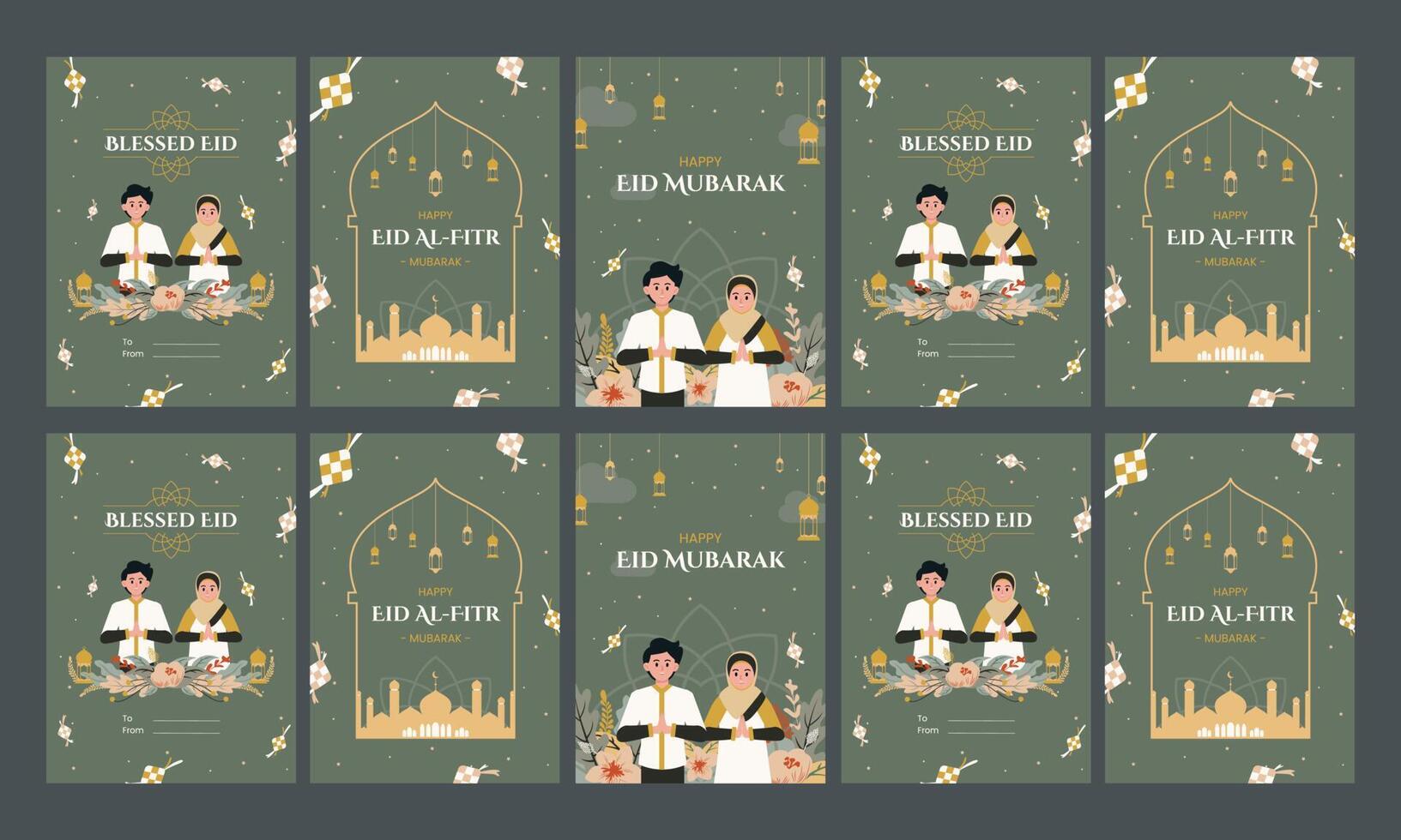 happy celebrating eid al-fitr social media stories set vector flat design