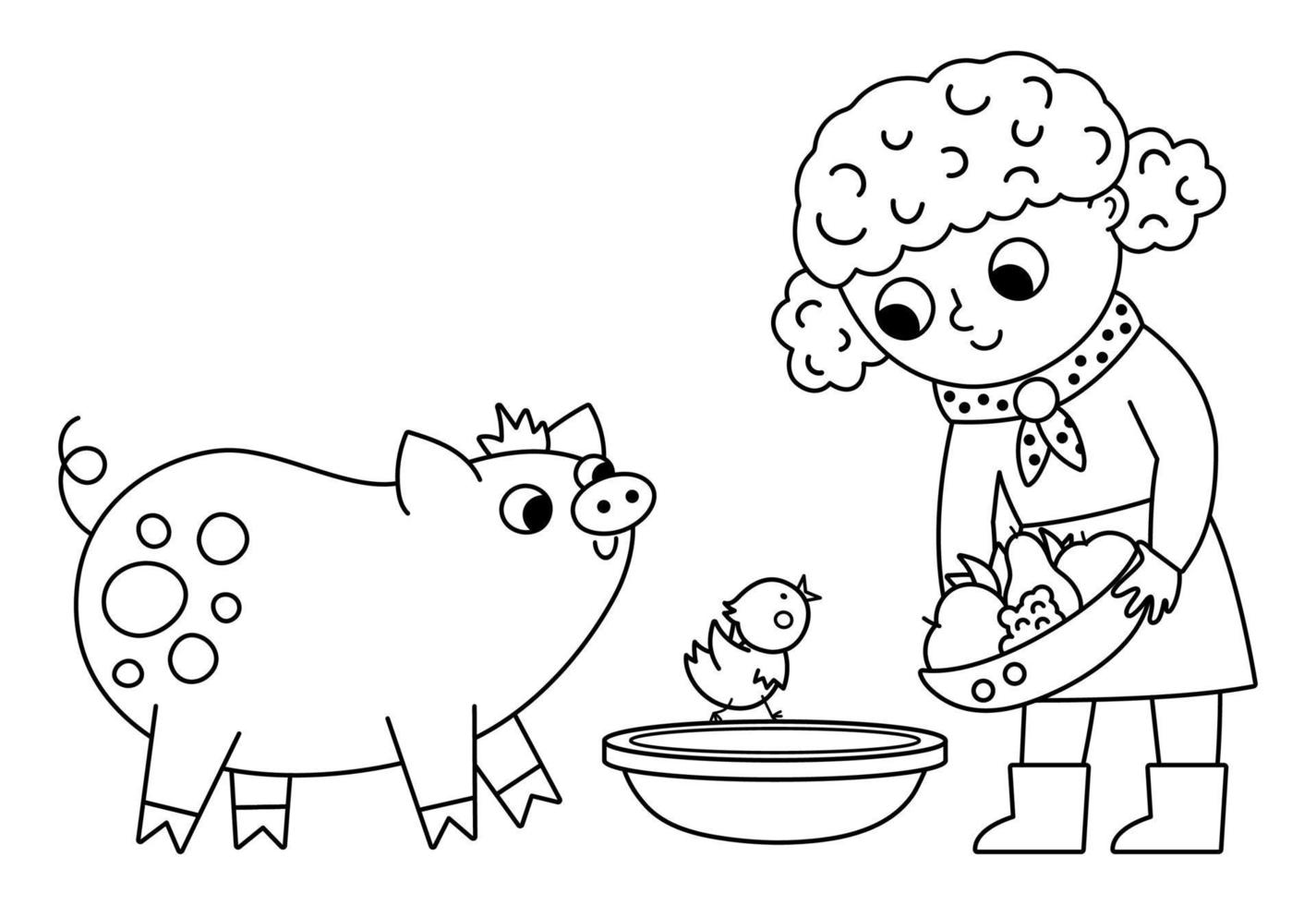 Outline farmer girl feeding animals. Vector black and white cattle breeder icon. Cute kid doing agricultural work. Child with cute pig. Funny farm illustration or coloring page