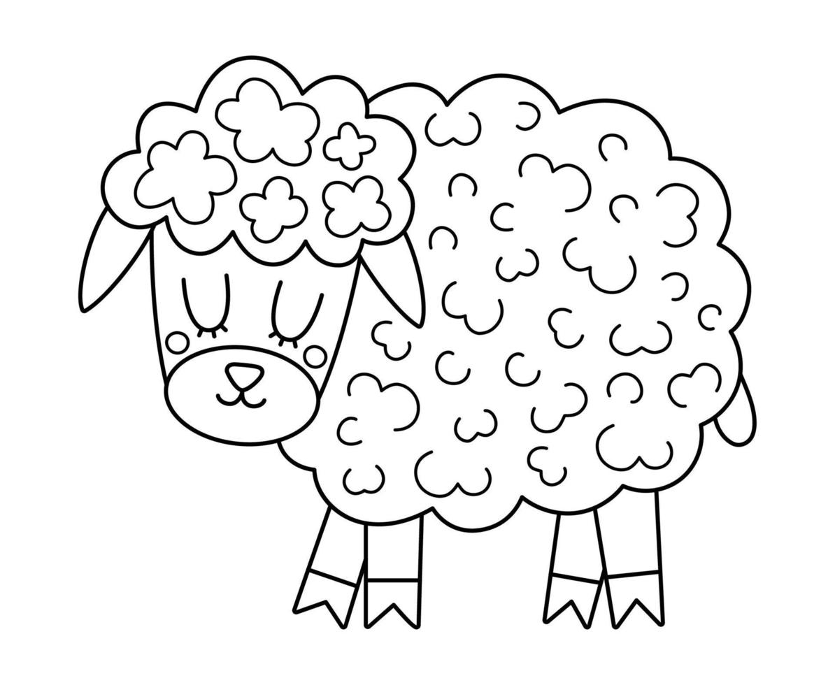 vector negro y blanco oveja icono. linda contorno dibujos animados hembra oveja ilustración para niños. granja animal aislado en blanco antecedentes. vistoso vacas imagen o colorante página para niños