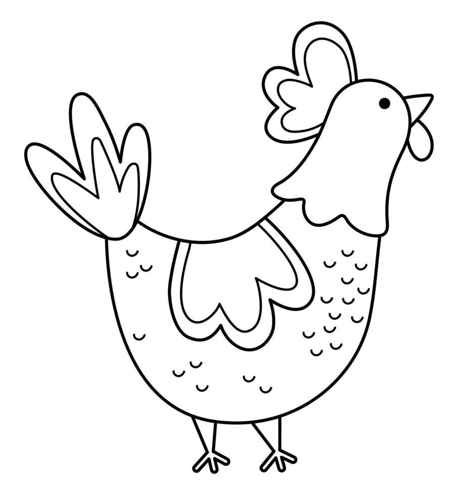Vector black and white hen icon. Cute cartoon chicken illustration for kids. Outline farm bird isolated on white background. Animal picture or coloring page for children