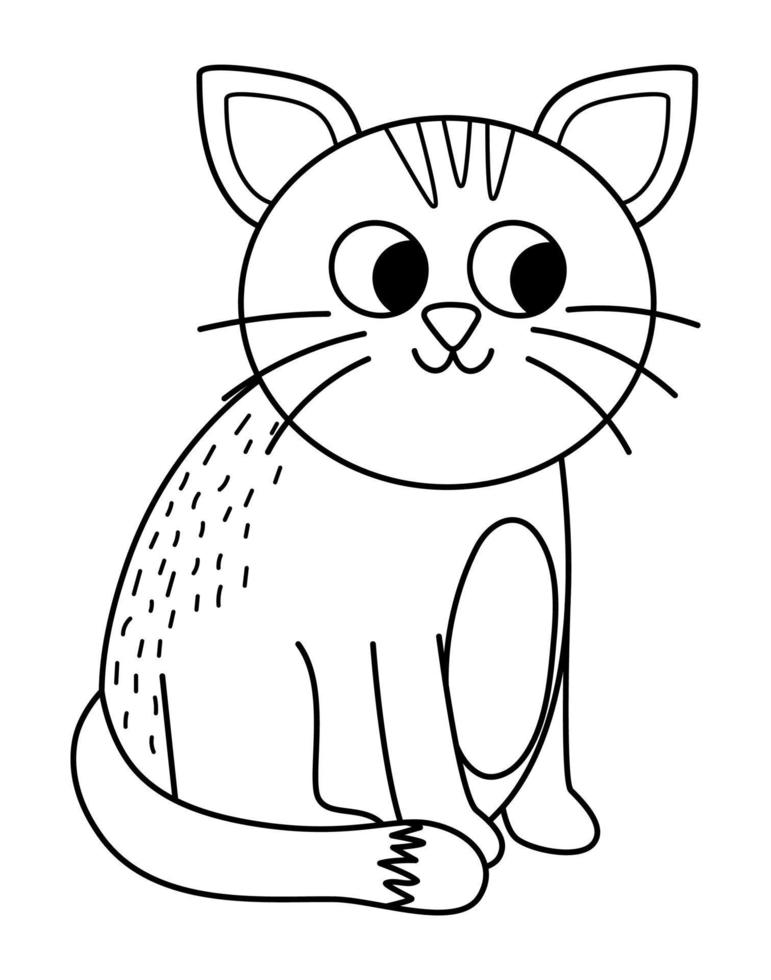 Vector black and white cat icon. Cute cartoon sitting kitten illustration for kids. Farm or domestic animal isolated on white background. Line pet picture or coloring page for children