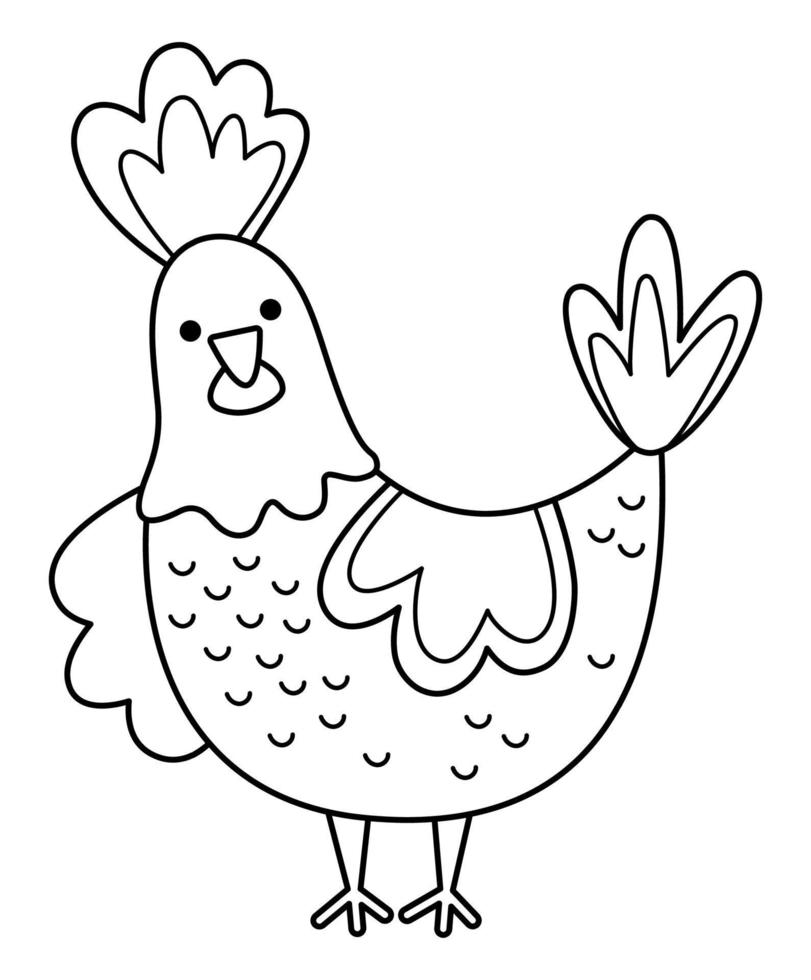 vector negro y blanco gallina icono. linda dibujos animados pollo ilustración para niños. contorno granja pájaro aislado en blanco antecedentes. animal imagen o colorante página para niños