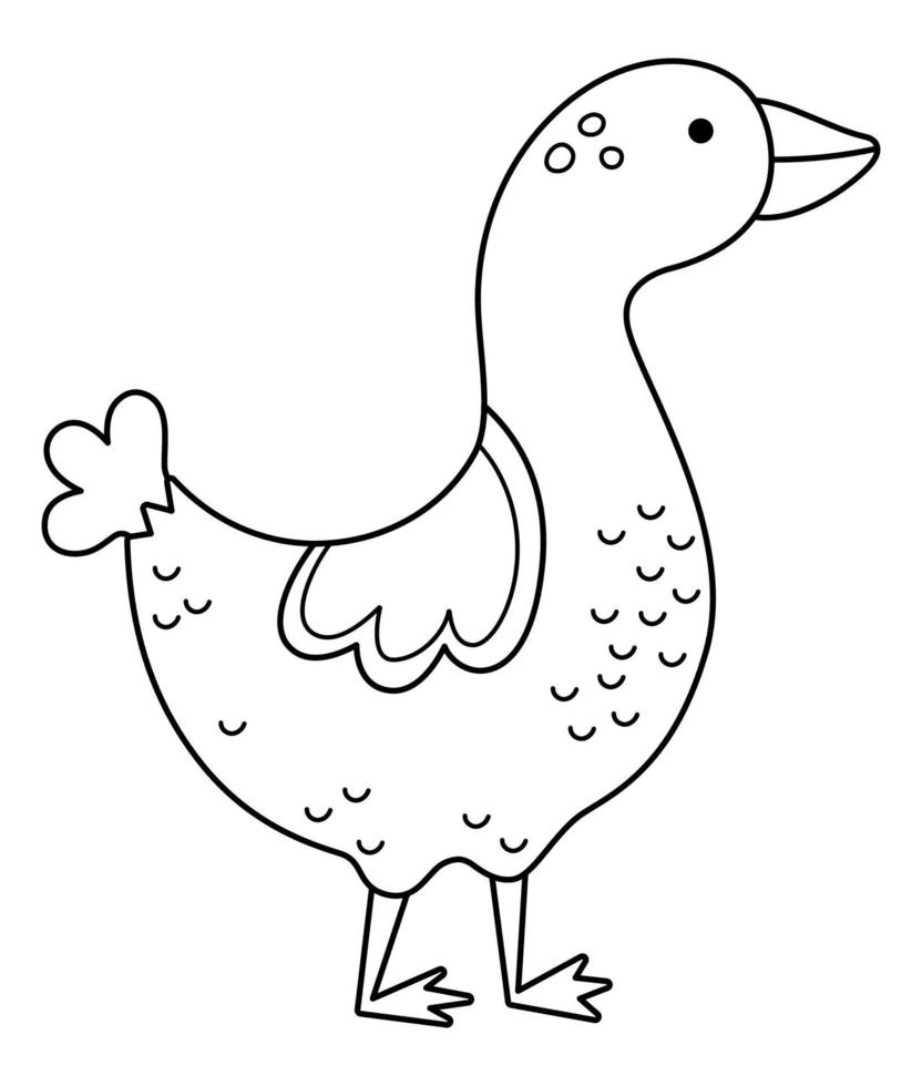 Vector black and white goose icon. Cute cartoon gander illustration for kids. Farm bird isolated on white background. Line animal picture or coloring page for children