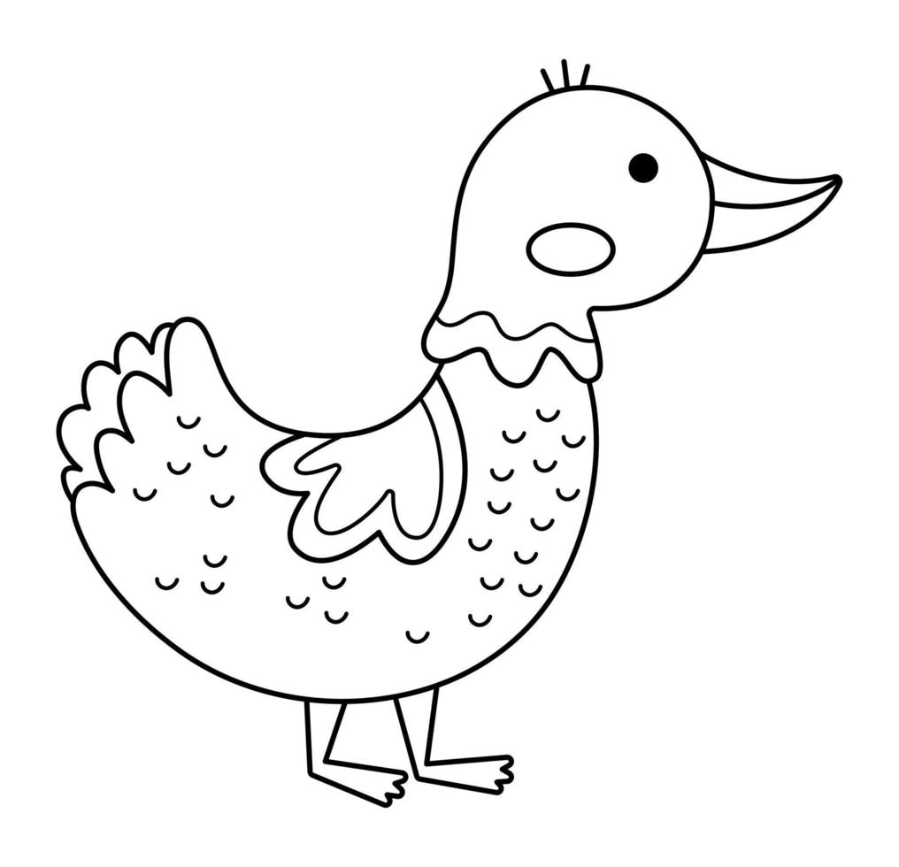 Vector black and white duck icon. Cute cartoon illustration for kids. Farm bird isolated on white background. Line animal picture or coloring page for children