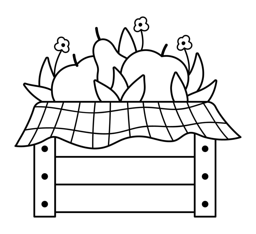 Vector black and white wooden box with apples, pears, flowers, leaves, checked cloth. Autumn garden outline clipart. Funny fruit illustration or coloring page. Farm harvest line icon