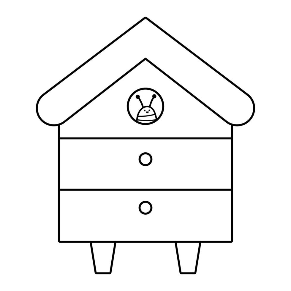 vector negro y blanco Colmena línea icono. abeja casa con sonriente insecto aislado en blanco antecedentes. apicultura ilustración o colorante página. miel producción elemento.