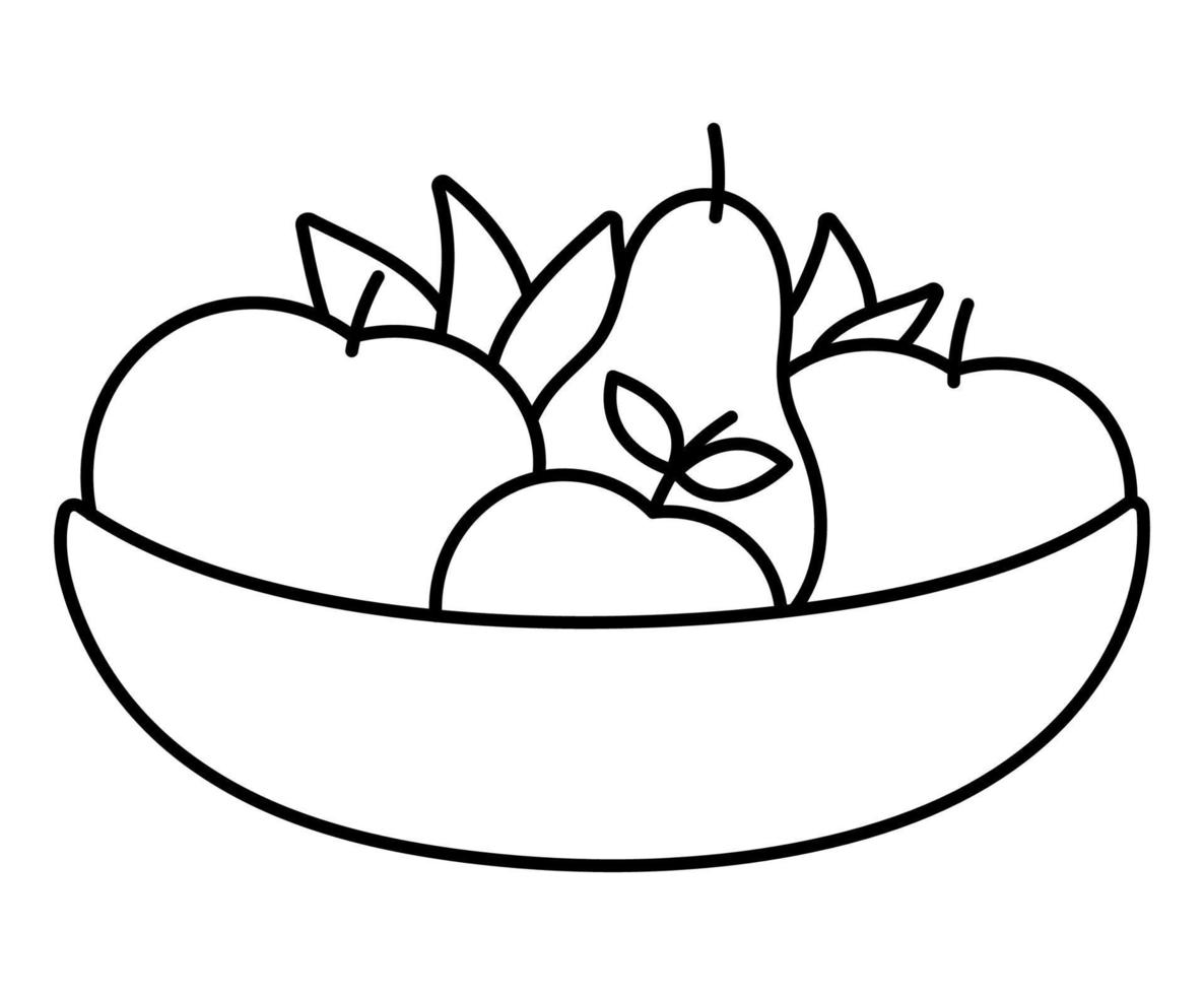 Vector black and white wooden bowl with apples, pears, leaves. Autumn garden outline clipart. Funny fruit plate illustration or coloring page isolated on white background. Farm harvest line icon