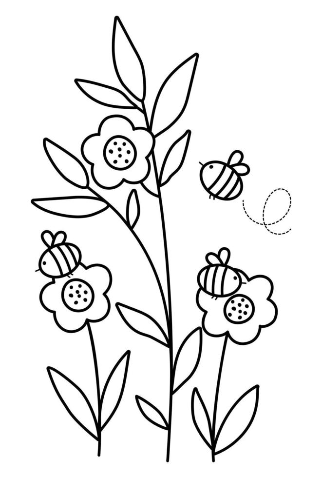 Vector black and white flowers with bees. Funny outline illustration or coloring page with bumblebees pollinating plants. Honey insects with greenery line icon.