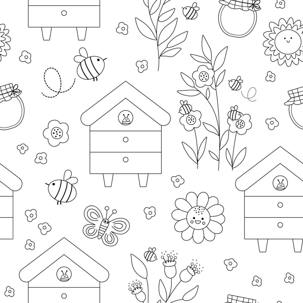 Vector apiary seamless pattern. Farm honey making repeat background. Cute beekeeping digital paper with beehive, flowers, sunflower, flowers, jar, butterfly, sun. Bee house texture.