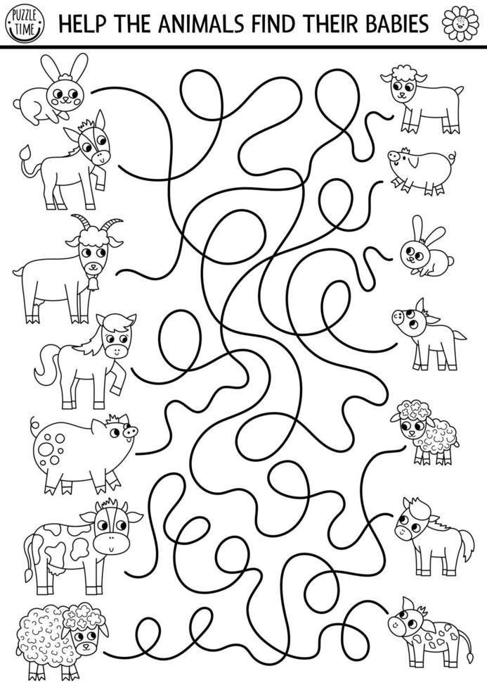 Black and white farm maze for kids with animals and babies. Country side line preschool printable activity with cute goat, pig, cow. Mothers day labyrinth coloring game with family love concept vector