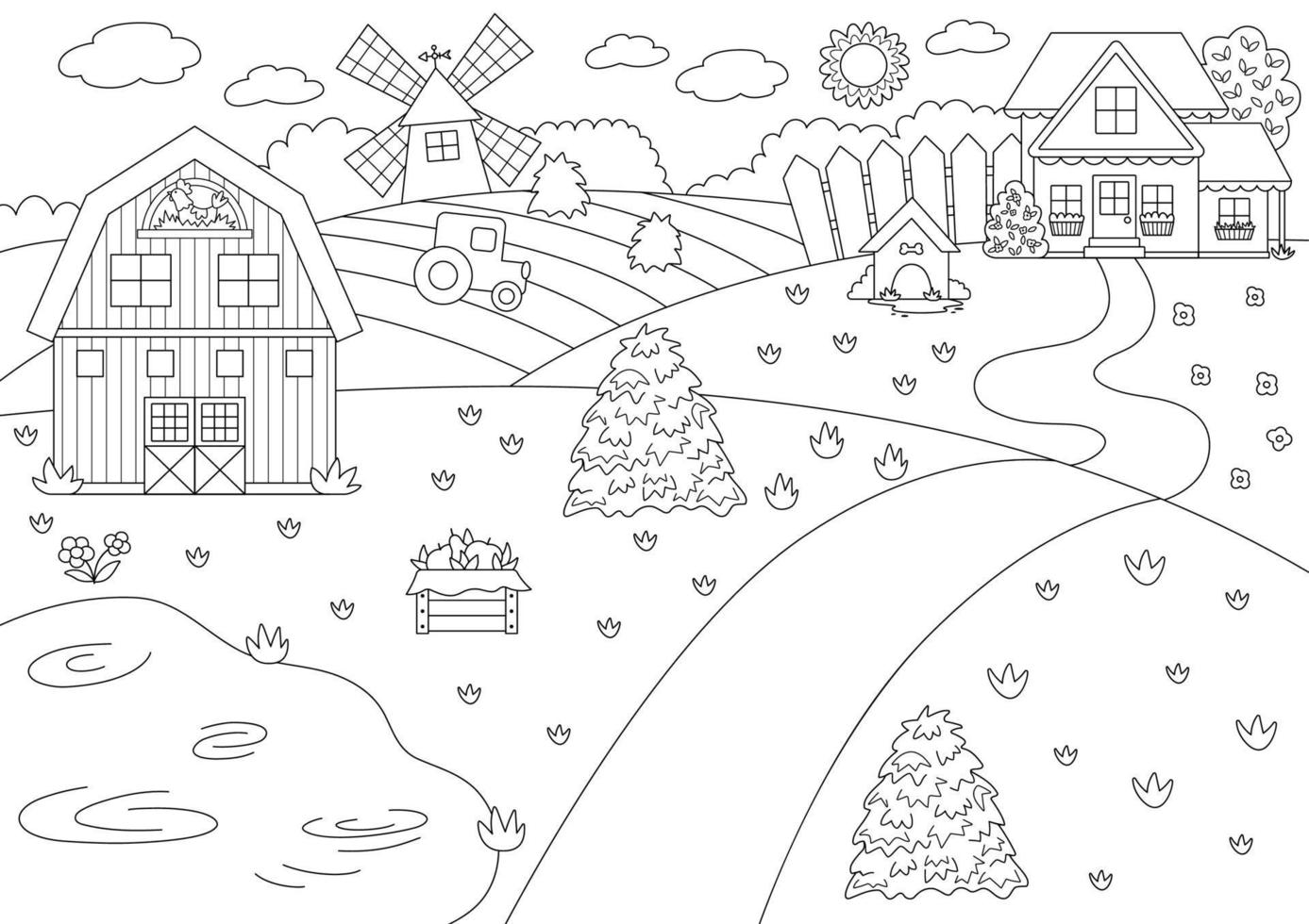 Vector black and white farm landscape illustration. Rural outline village scene with barn, country house, tractor. Nature background with pond, meadow, garden. Country field picture or coloring page