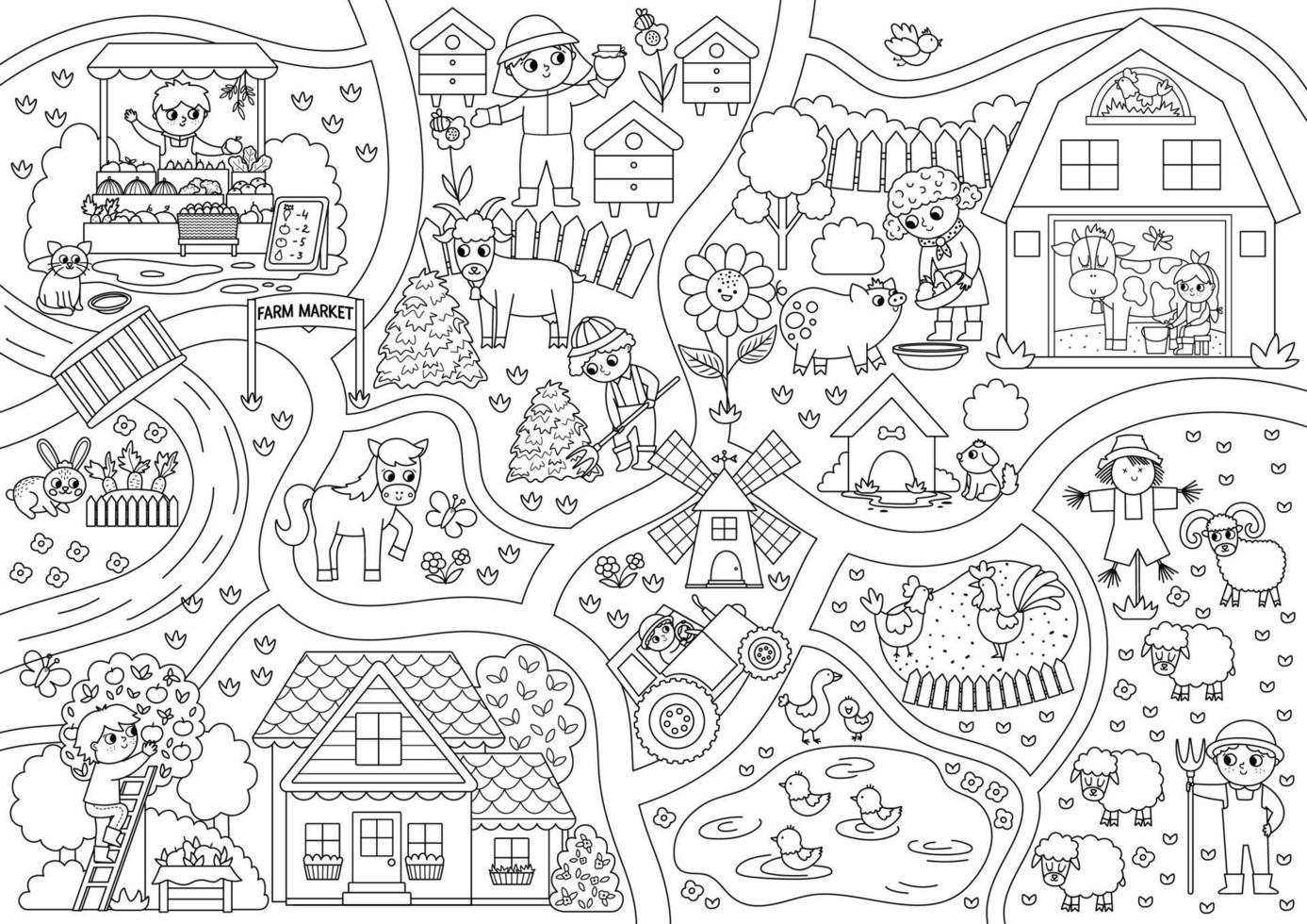 Farm black and white village map. Country life outline background