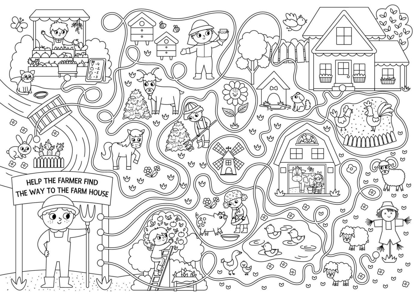 Black and white farm maze for kids with rural village landscape, animals, barn, cottage. Country side line preschool printable activity. Labyrinth coloring page. Help farmer find the way to farmhouse vector