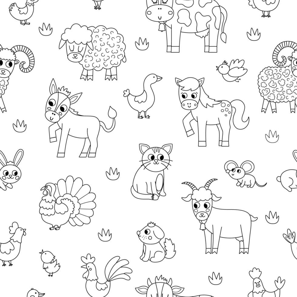 Vector black and white seamless pattern with farm animals and birds. Outline repeat background with cow, horse, goat, sheep, duck, hen, pig. Rural countryside digital paper or coloring page