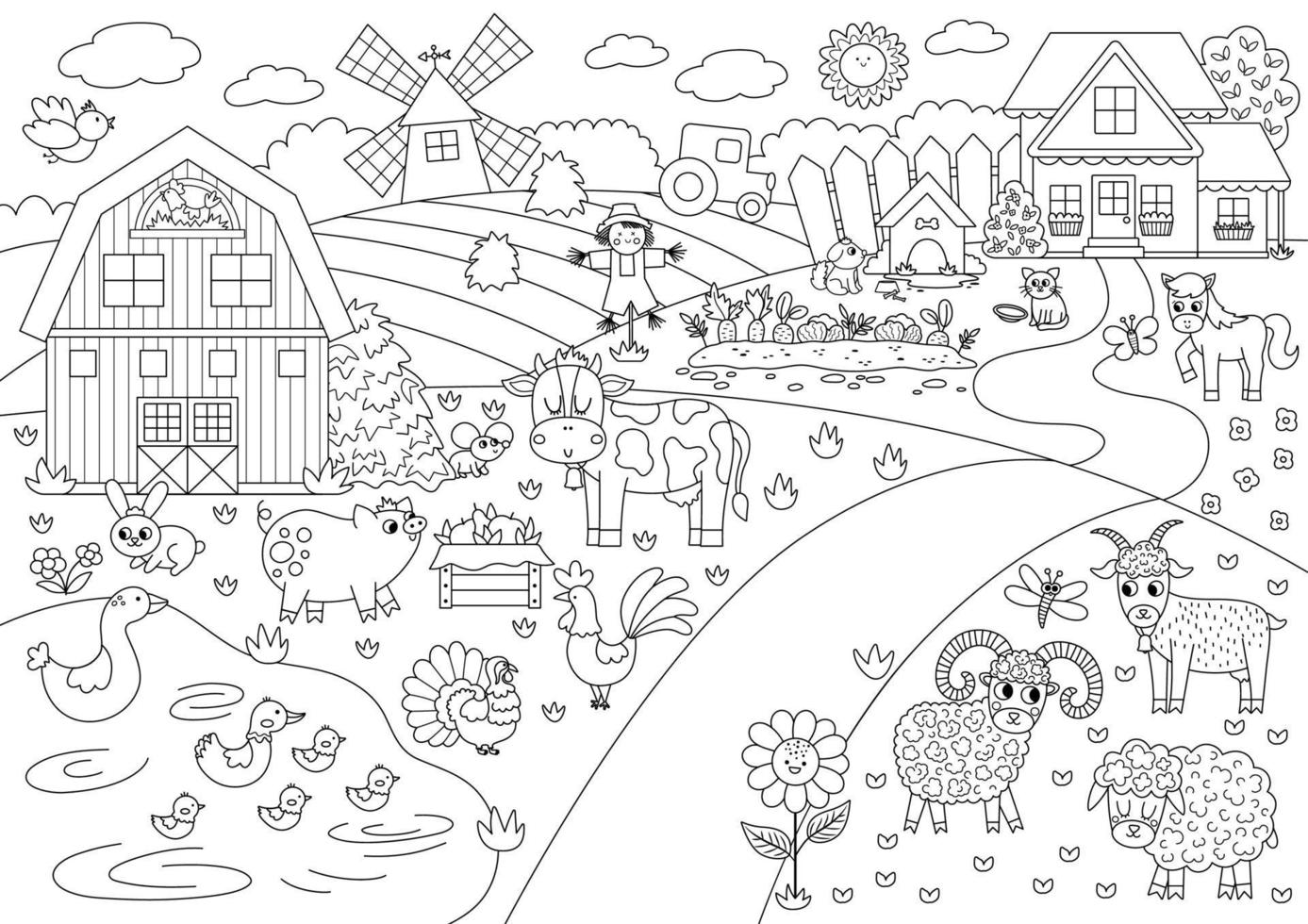 Vector black and white farm landscape illustration. Outline rural village scene with animals, barn. Cute nature background with pond, meadow, garden. Country field picture or coloring page