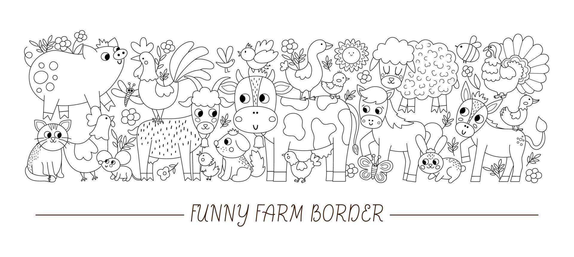 Vector black and white horizontal border set with cute farm animals, birds, insects. Rural outline card template design with country characters. Coloring page or border with cow, hen, pig, horse