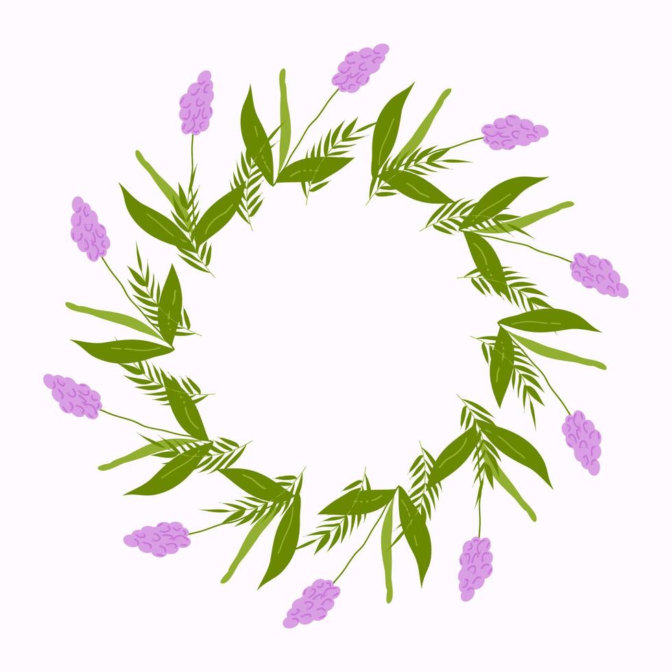 Round frame of spring flowers and twigs. Vector flat illustration. Wedding card decoration. Greeting card. Muscari. White background.