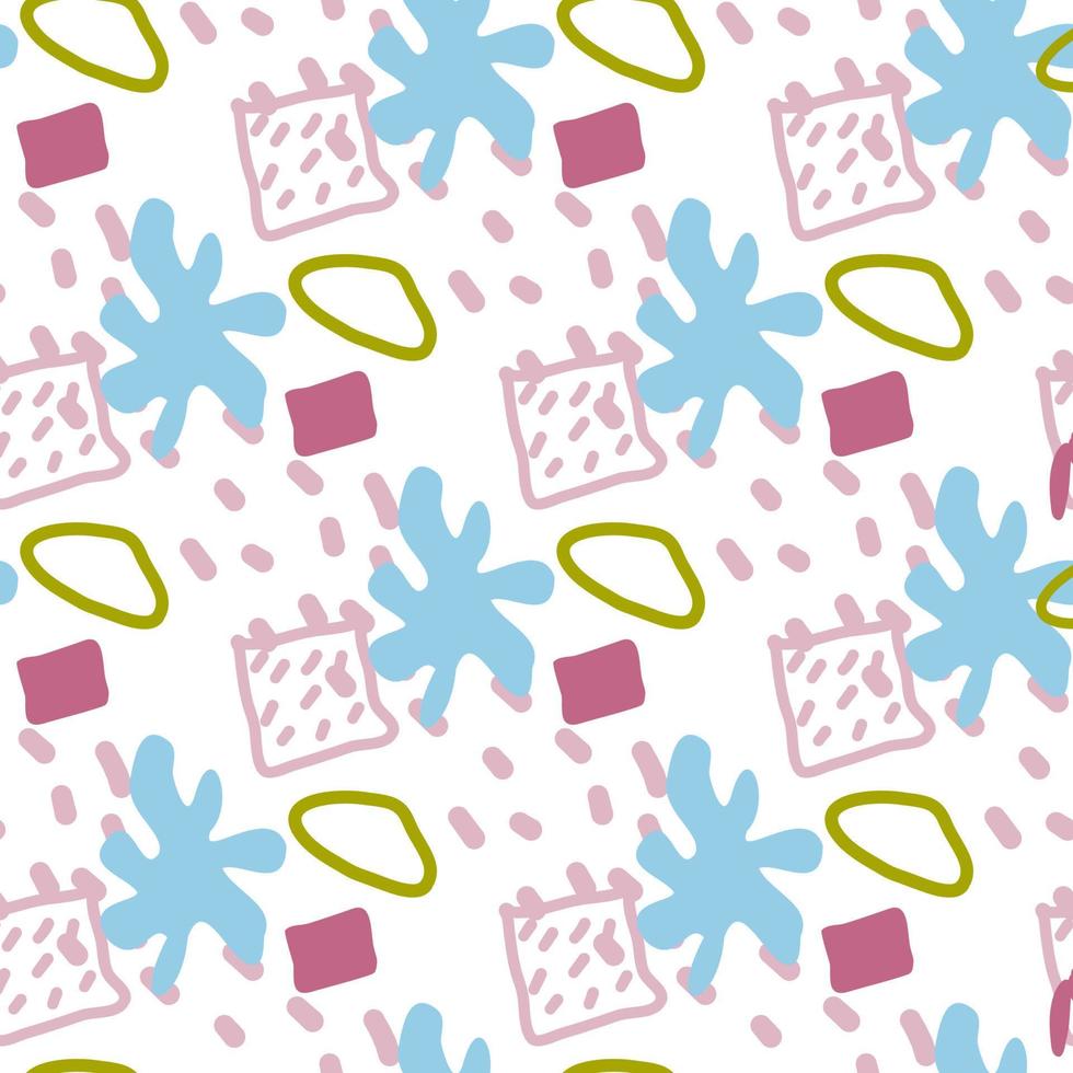 Pattern of abstract geometric shapes spring colors. Vector flat illustration. Seamless pattern. Packaging design. Squares, blots, dots.