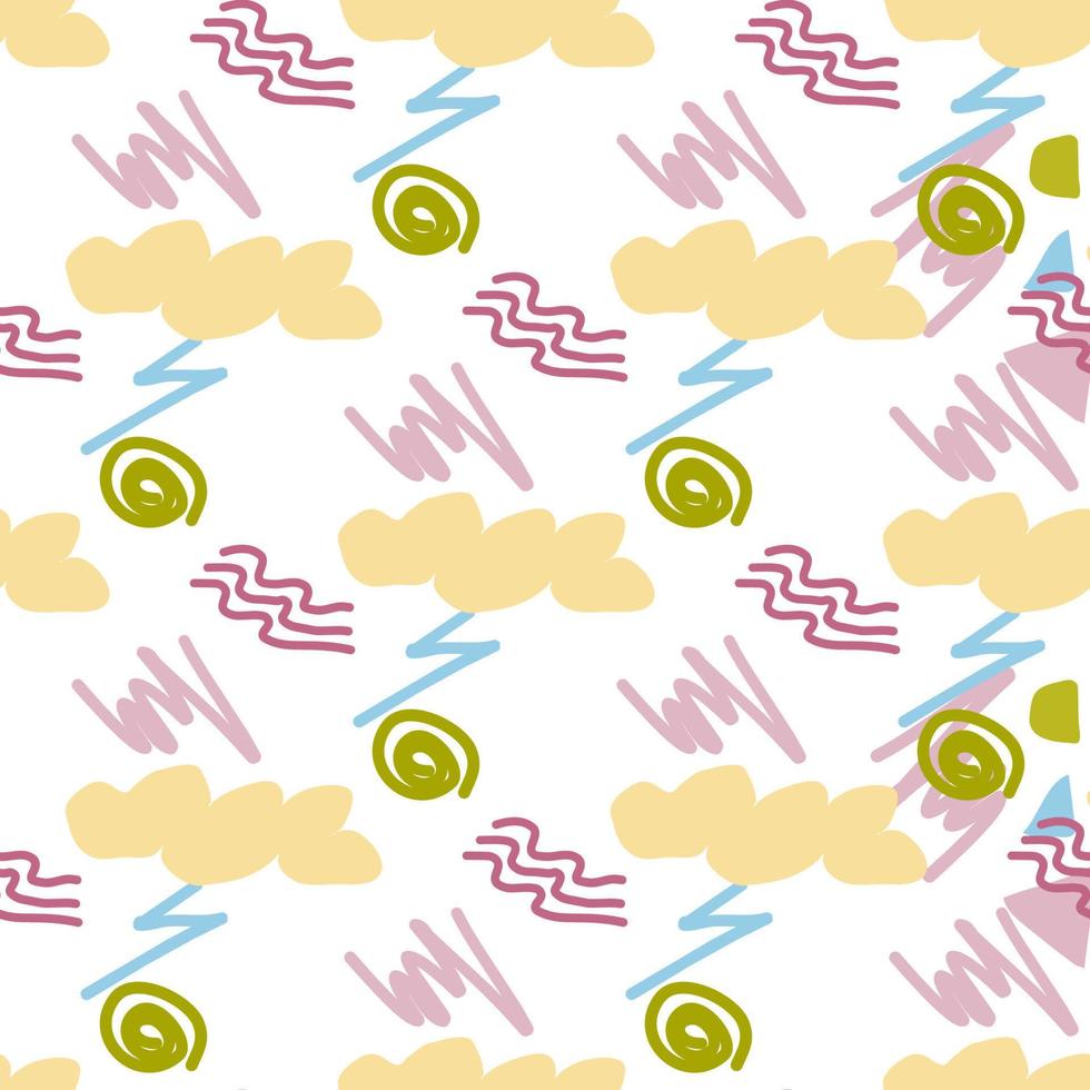 Pattern of abstract geometric shapes spring colors. Vector flat illustration. Seamless pattern. Packaging design. Clouds, waves, lightning, strokes, spirals.