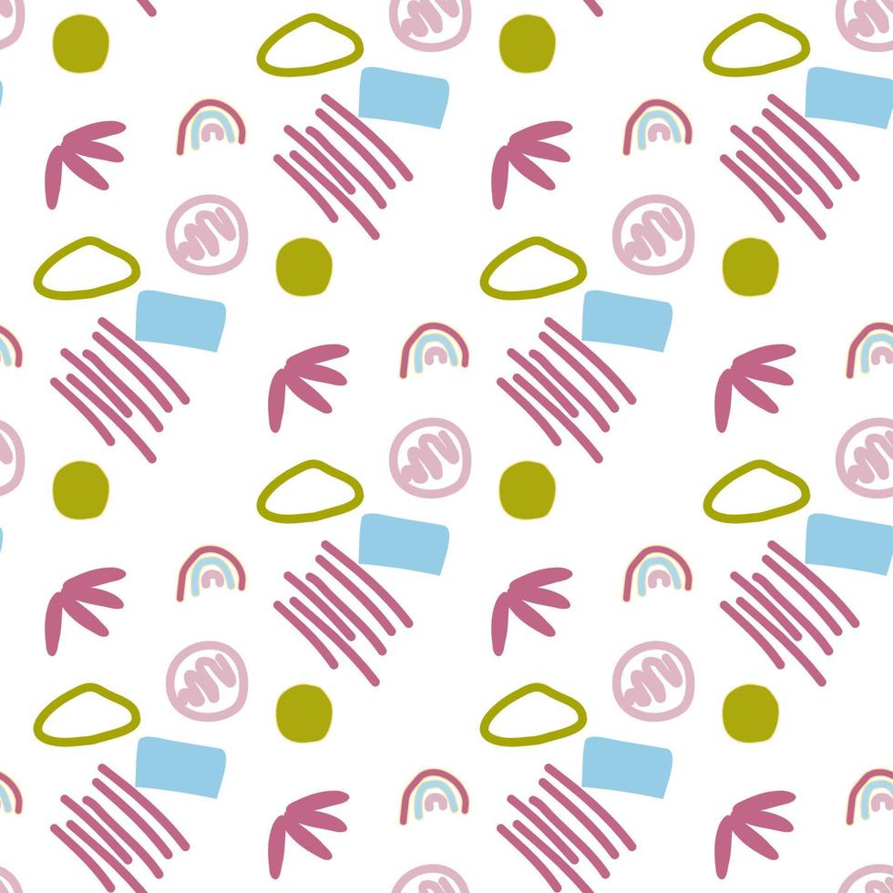Pattern of abstract geometric shapes spring colors. Vector flat illustration. Seamless pattern. Packaging design. Strokes, rectangles, circles, rainbow.