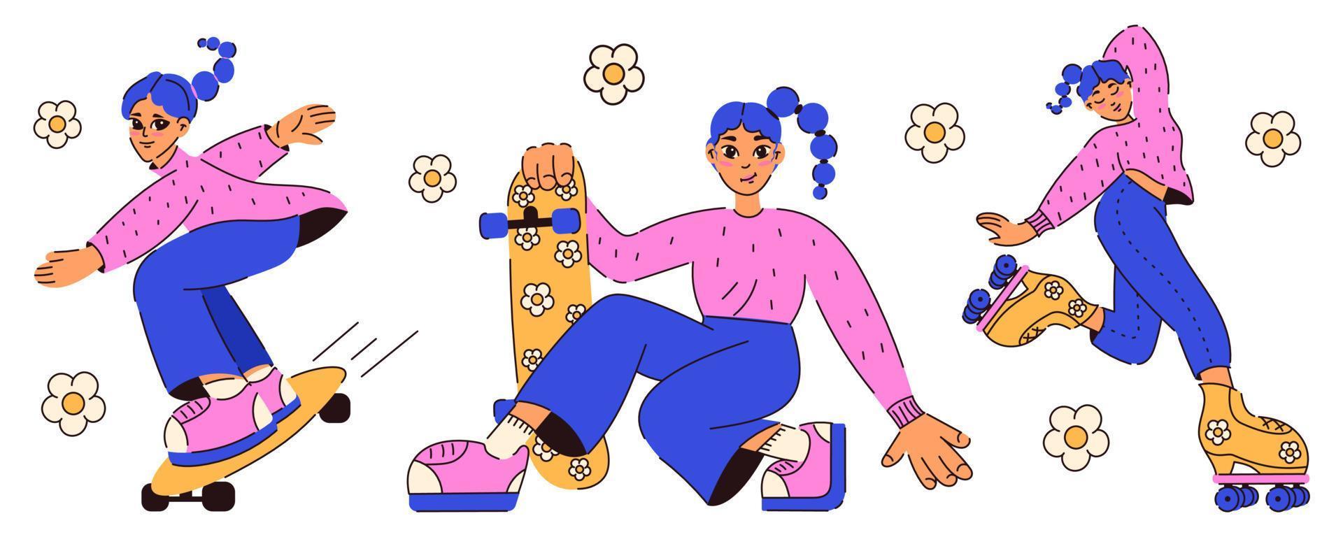 rodillo Patinaje niña personaje. retro niña con azul pelo en patineta. de moda 90s estilo. nostalgia para 90s - años 2000 vector aislado colocar. plano estilo.