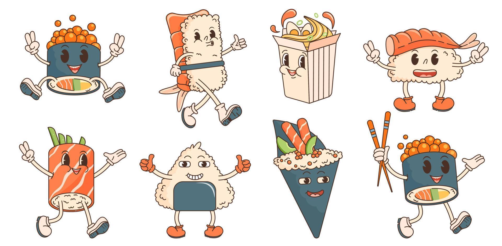 dibujos animados personaje retro asiático comida años 70 grande conjunto con Sushi, ramen, rollo. en de moda maravilloso hippie retro estilo. vector ilustración.