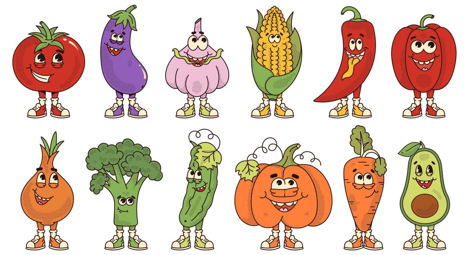 Set retro cartoon vegetables characters. Modern illustration with cute comics characters. Hand drawn doodles of comic characters. Set in modern cartoon style. 70s retro vibes. vector